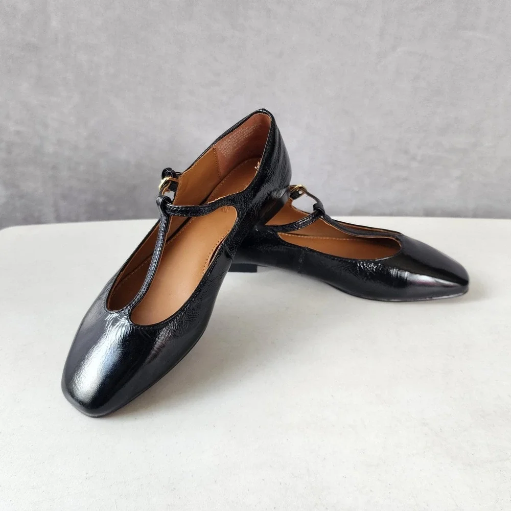 Madewell Mylie Flats Womens Size 5 Black Leather Buckle Square Toe Shoes T-Strap